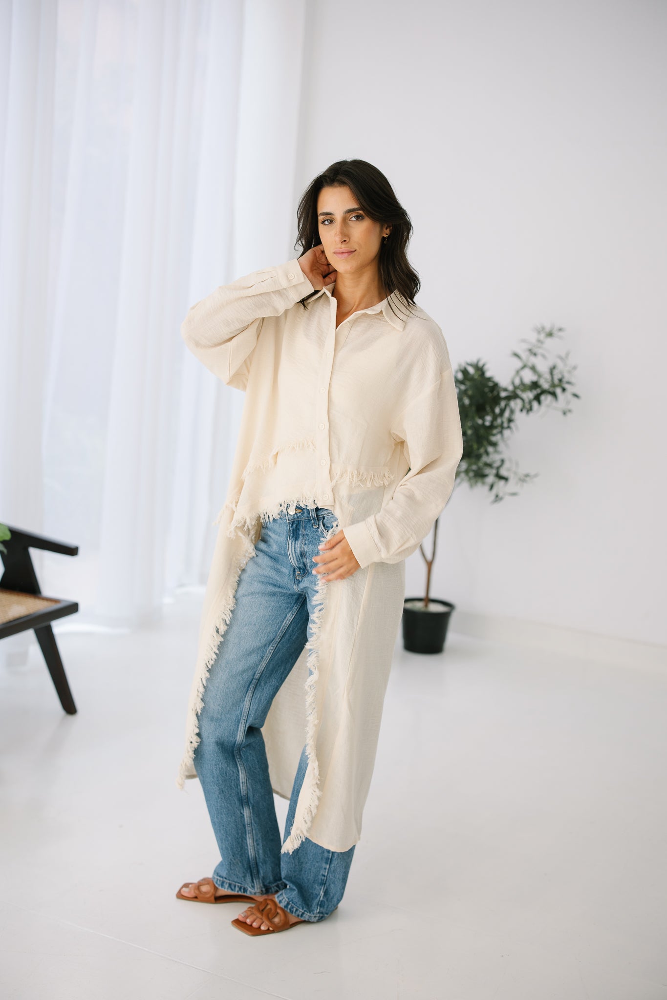 Fringed Sided Shirt in Creme