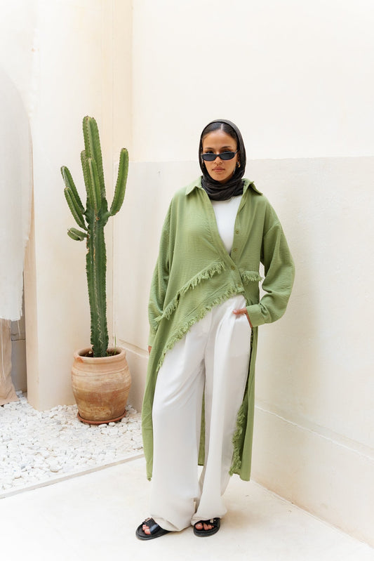 Fringed Sided Shirt in Olive