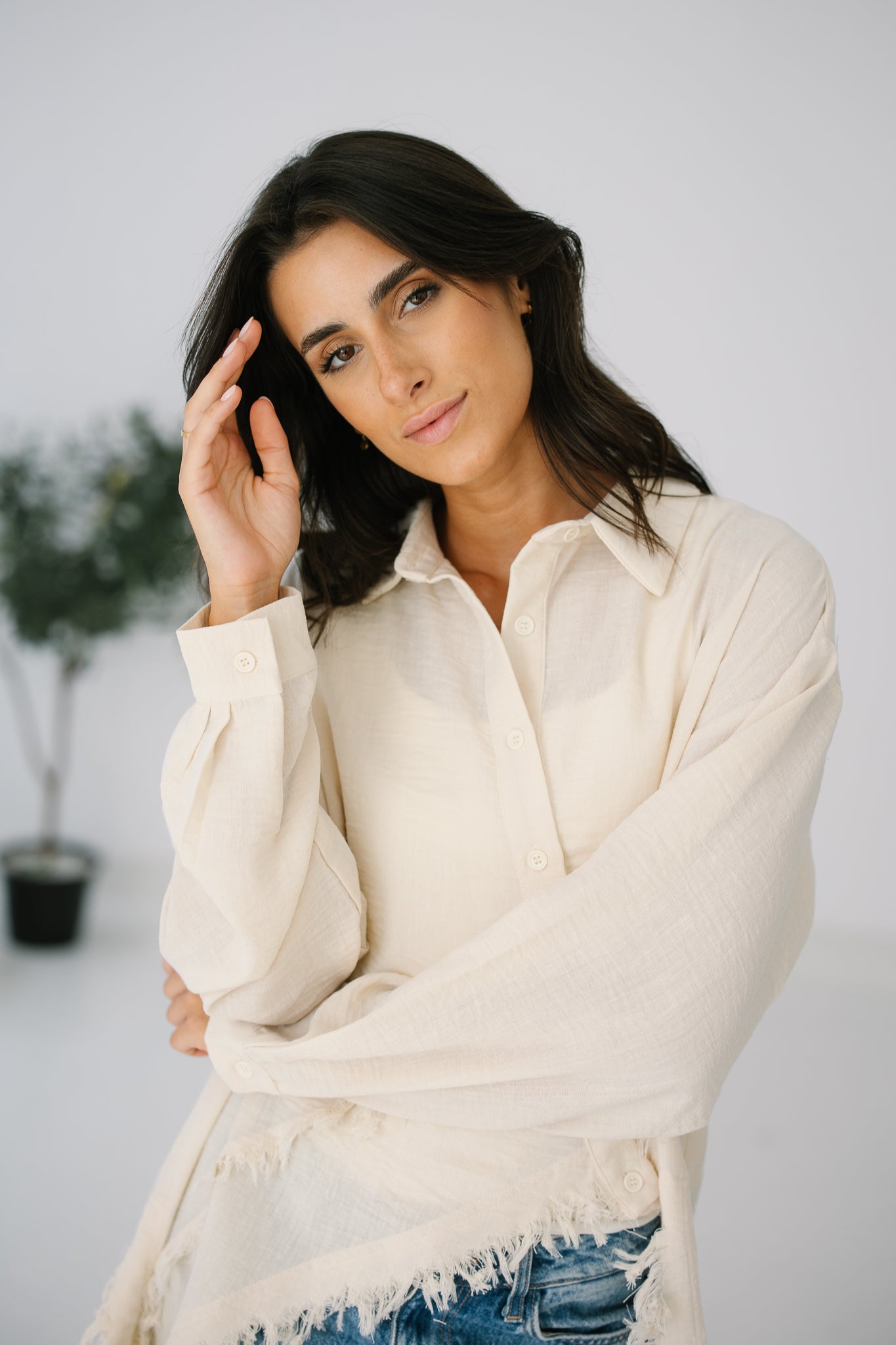 Fringed Sided Shirt in Creme