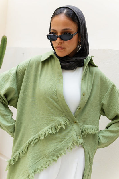 Fringed Sided Shirt in Sage