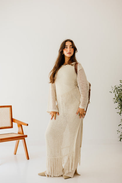Boho Crochet Dress in Oat