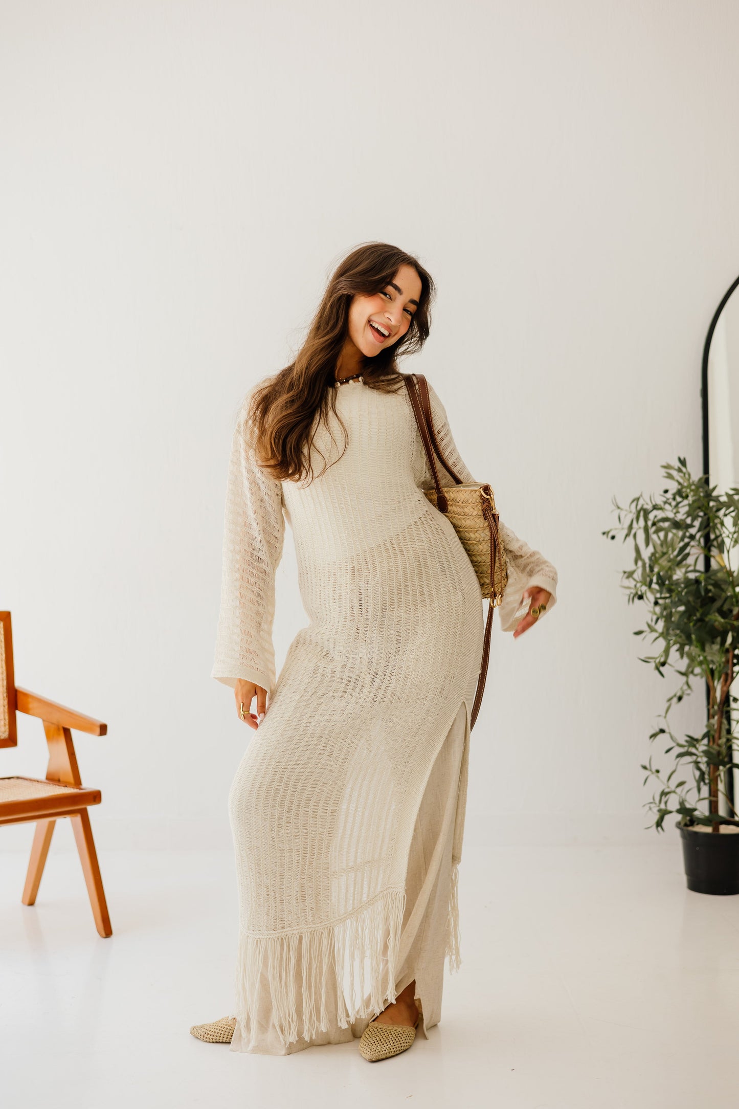 Boho Crochet Dress in Oat