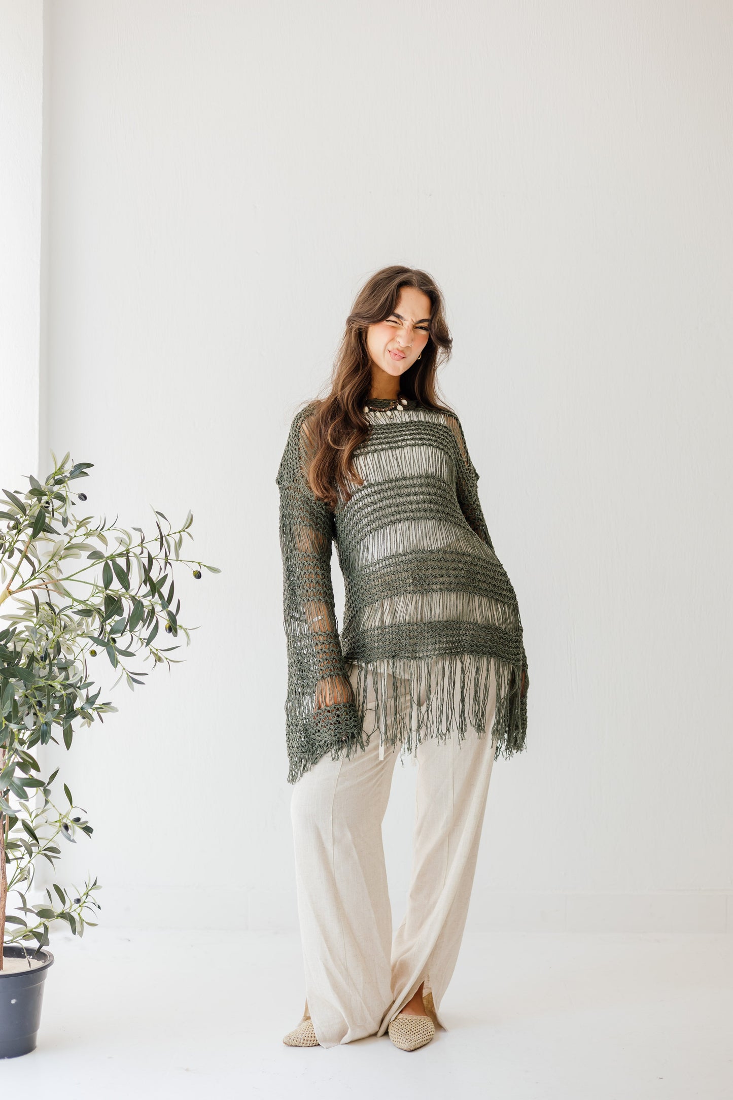 Sahara Fringed Top in Olive