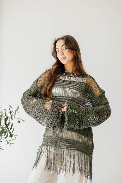 Sahara Fringed Top in Olive