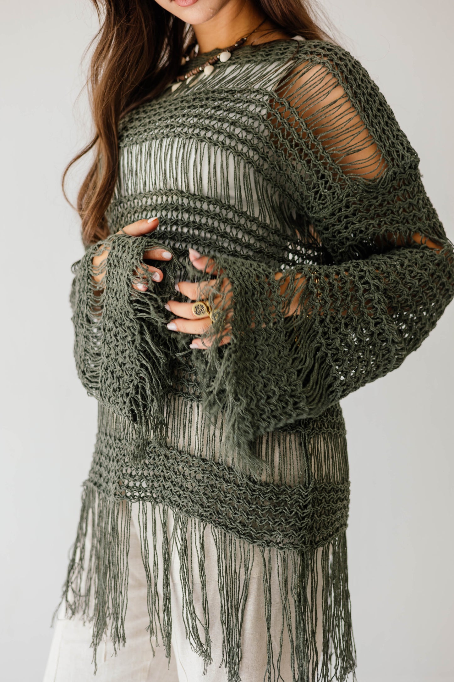 Sahara Fringed Top in Olive