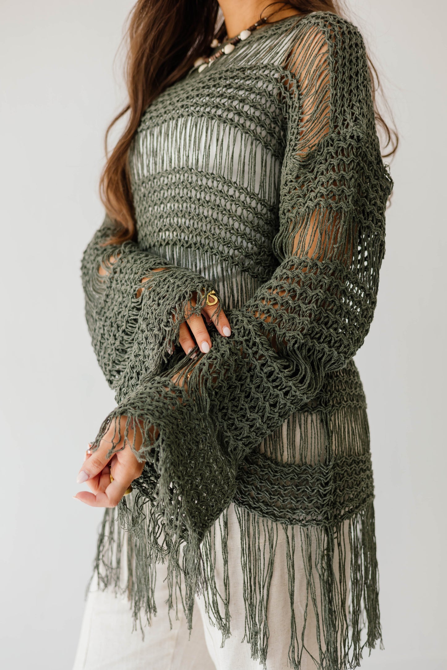 Sahara Fringed Top in Olive