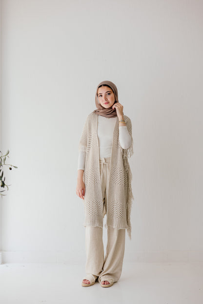 Crochet Fringed Cardigan in Oat