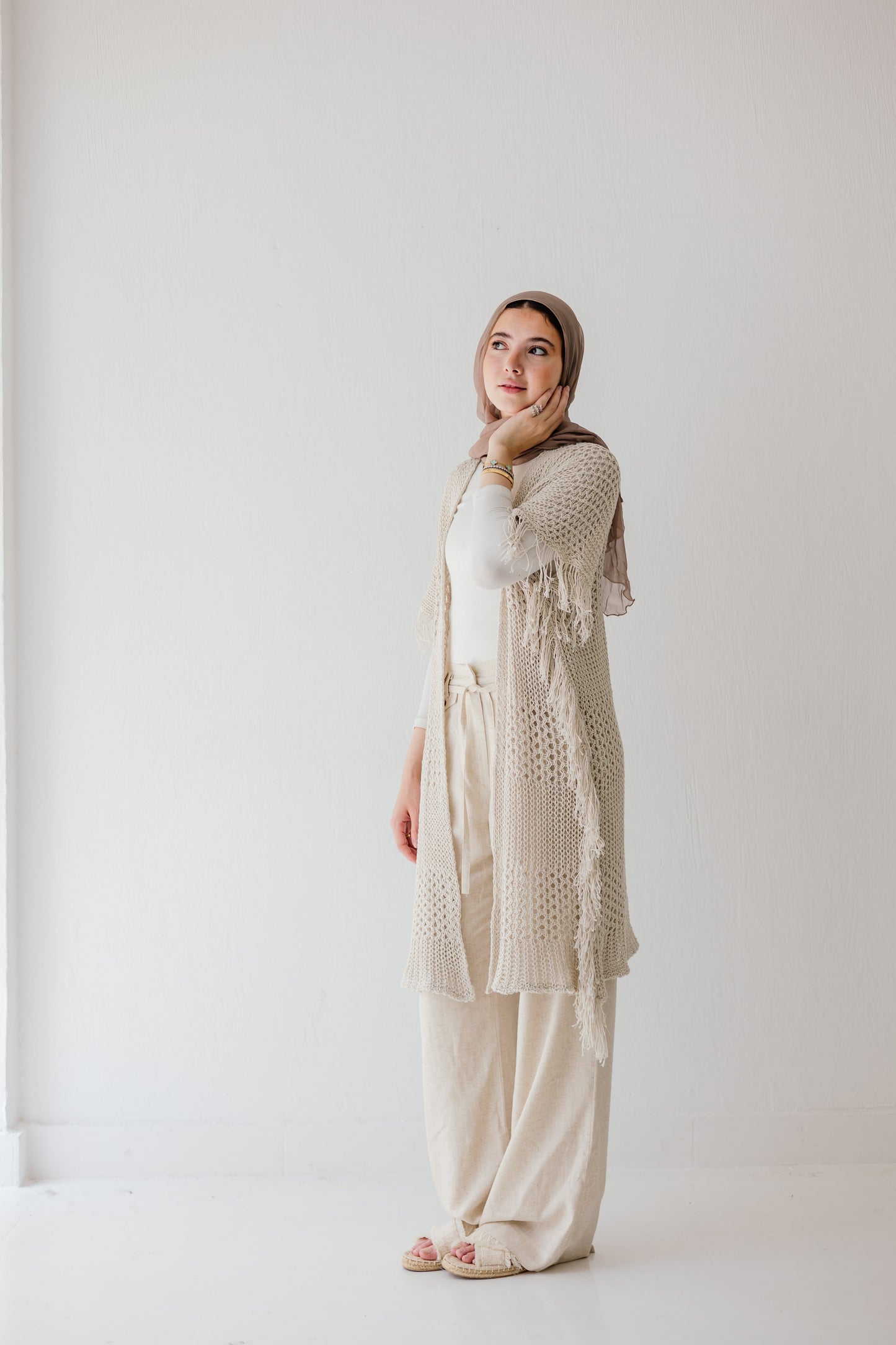 Crochet Fringed Cardigan in Oat