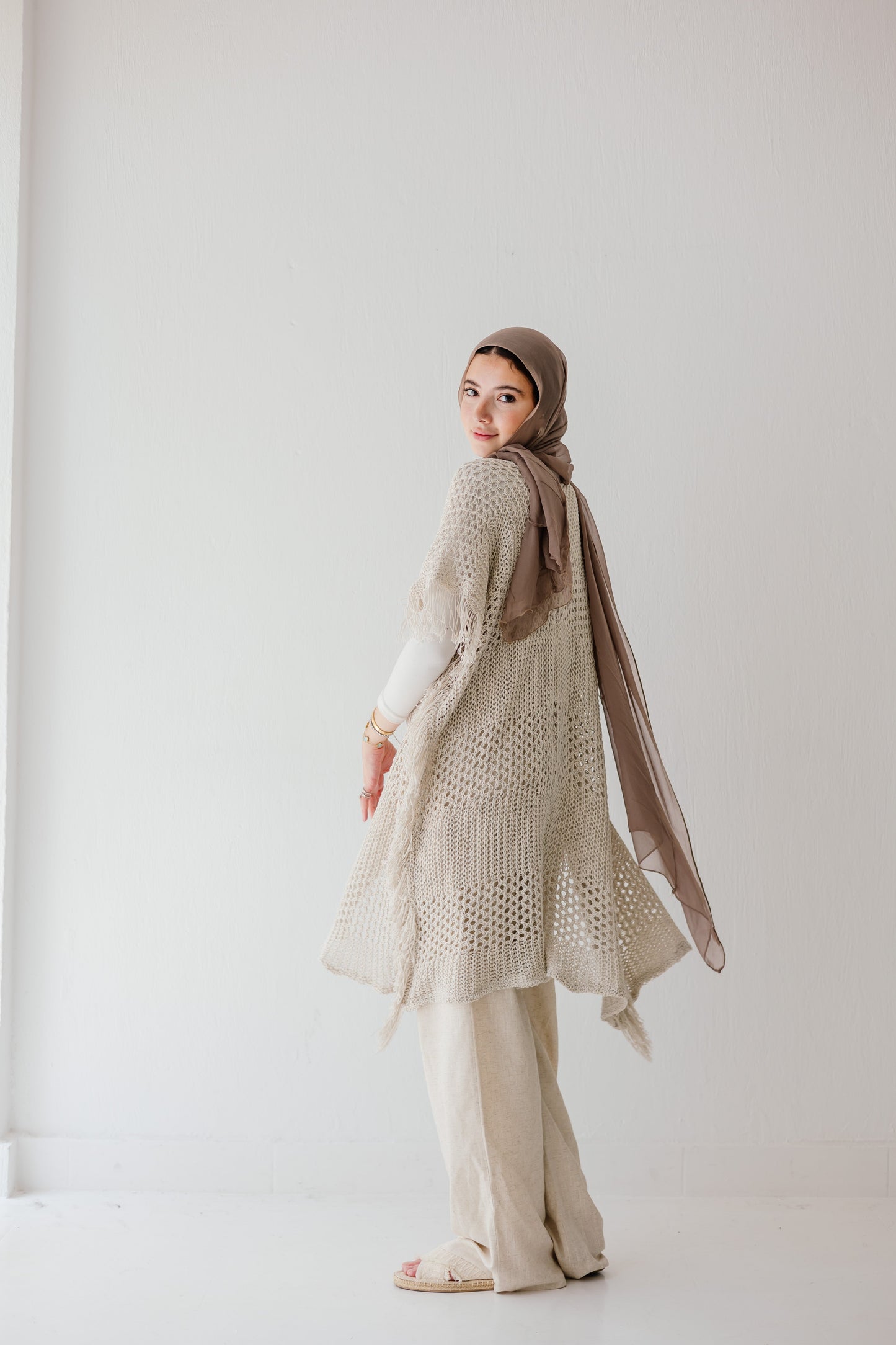 Crochet Fringed Cardigan in Oat