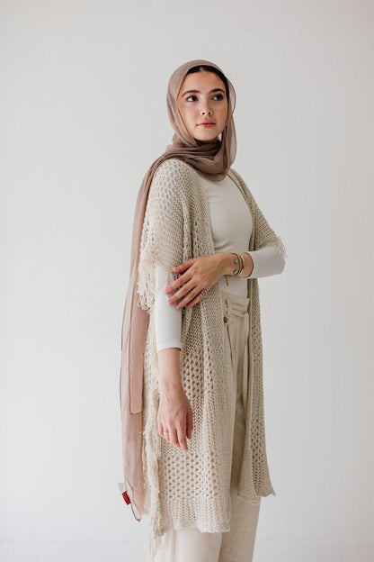 Crochet Fringed Cardigan in Oat