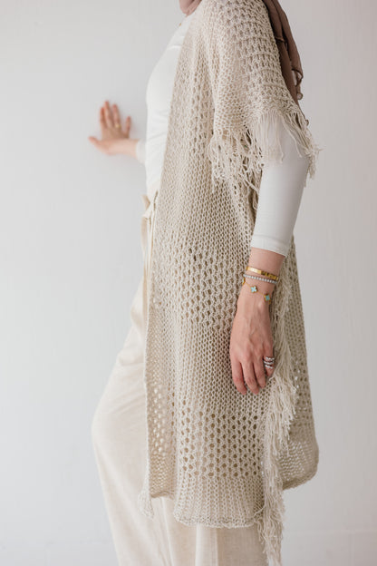 Crochet Fringed Cardigan in Oat