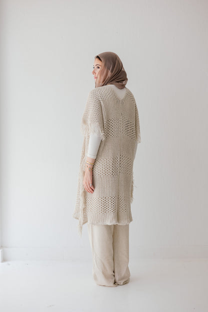 Crochet Fringed Cardigan in Oat