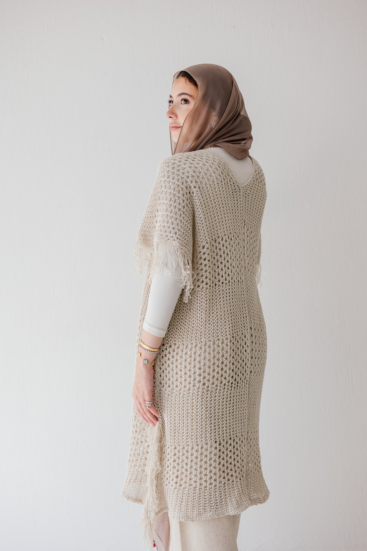 Crochet Fringed Cardigan in Oat