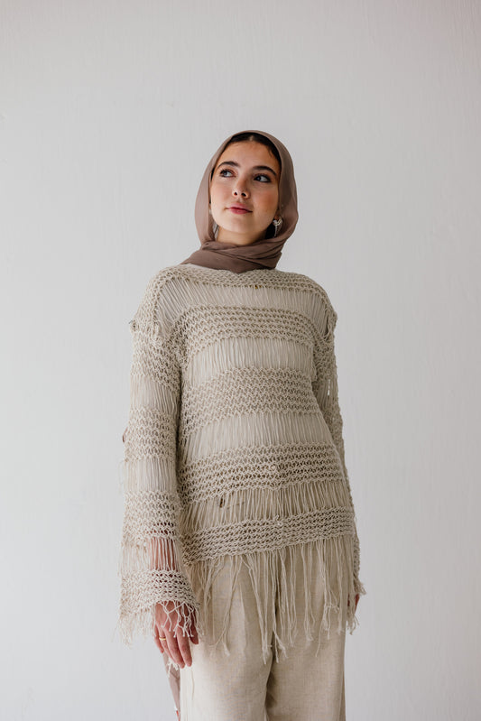 Sahara Fringed Top in Oat