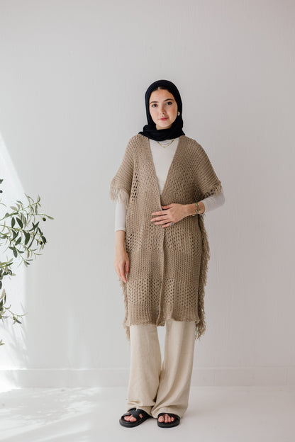 Crochet Fringed Cardigan in Tan