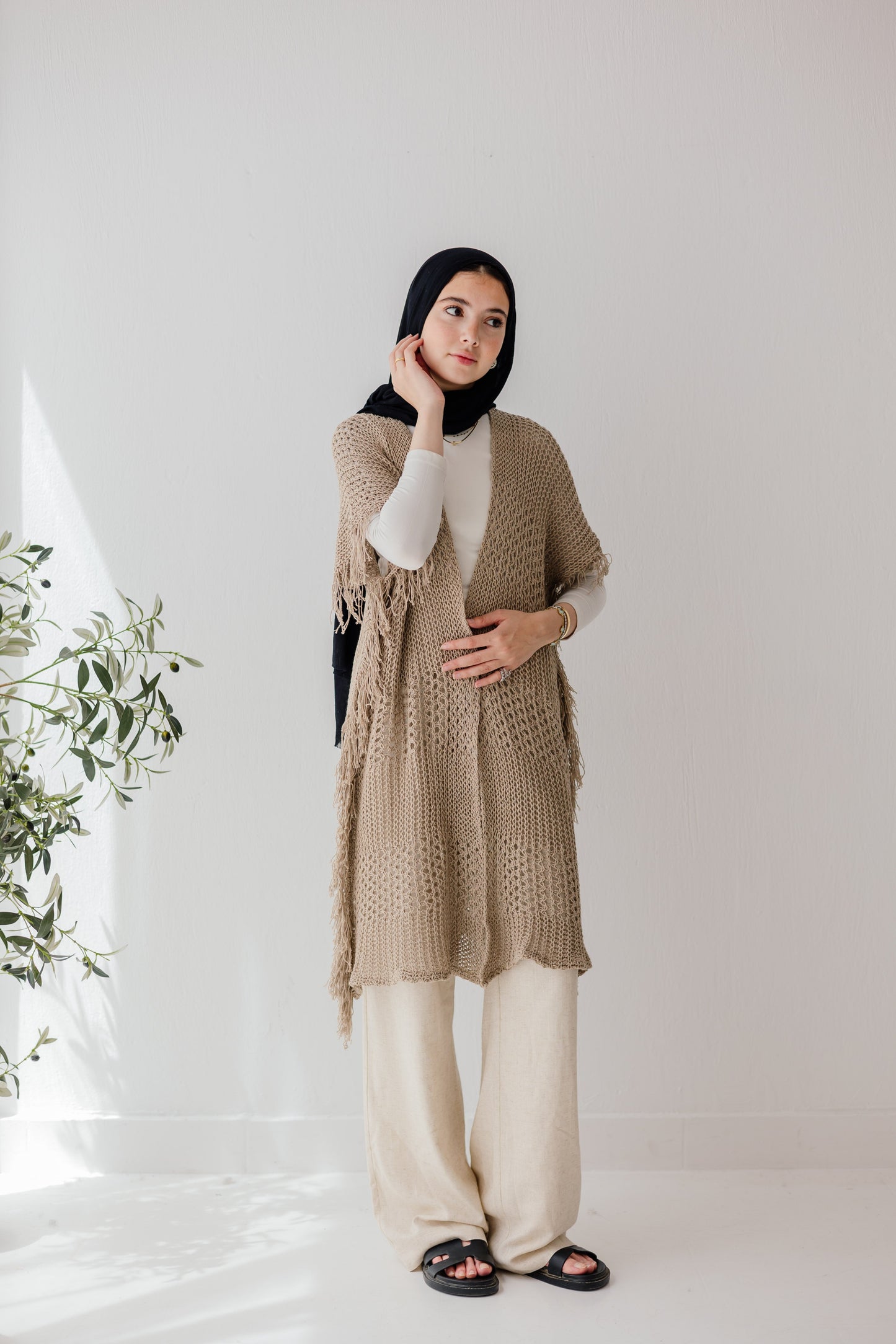 Crochet Fringed Cardigan in Tan