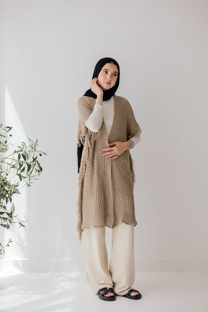 Crochet Fringed Cardigan in Tan