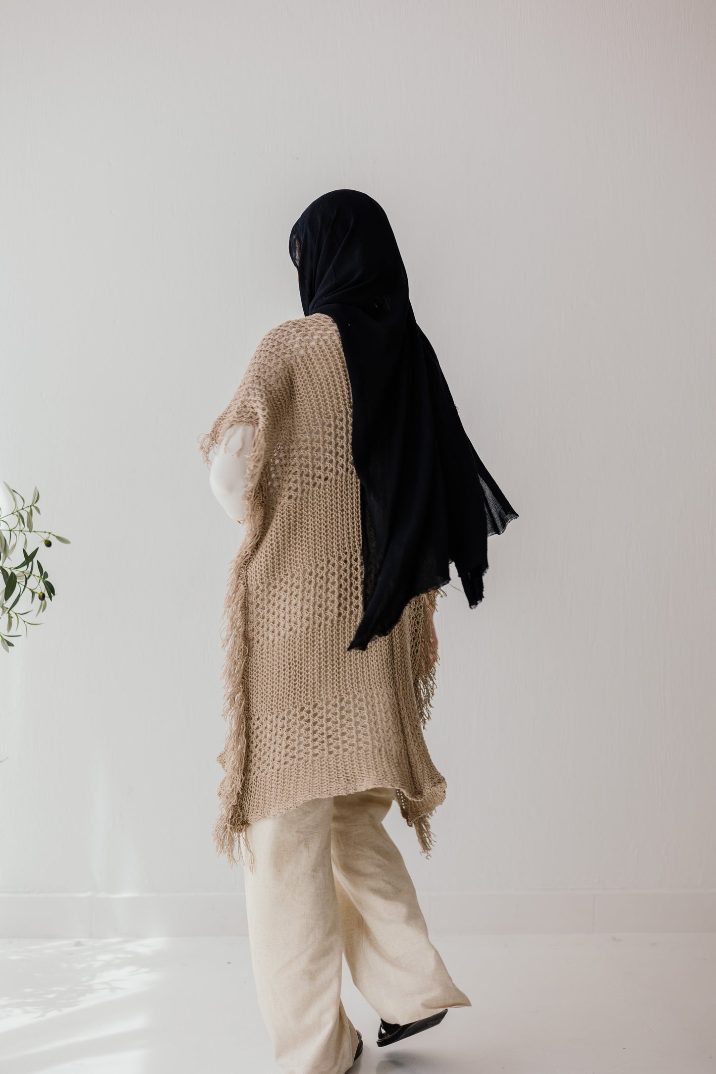 Crochet Fringed Cardigan in Tan