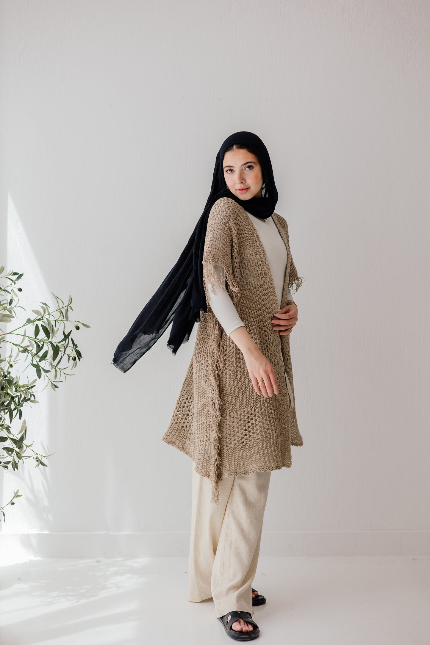 Crochet Fringed Cardigan in Tan