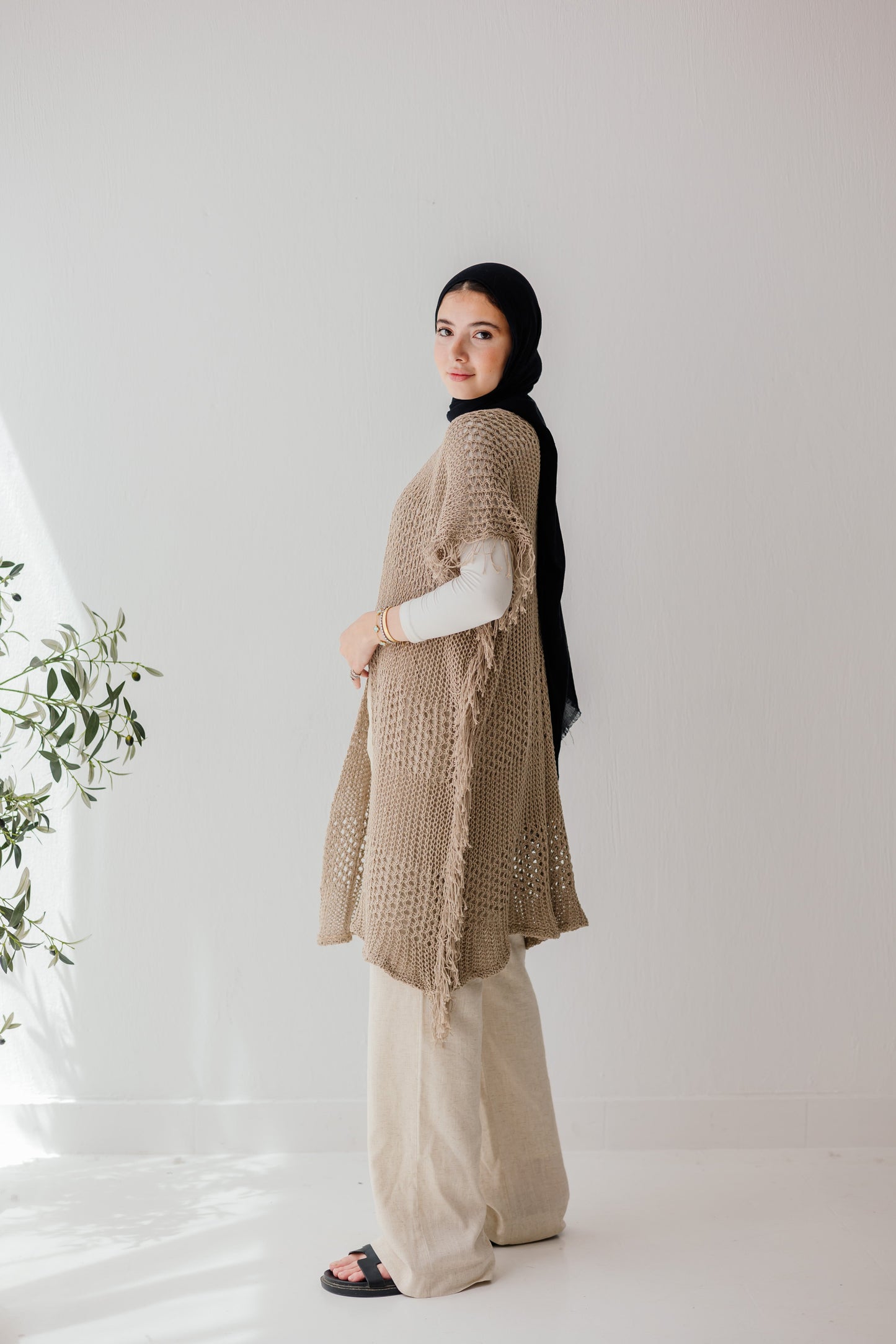 Crochet Fringed Cardigan in Tan