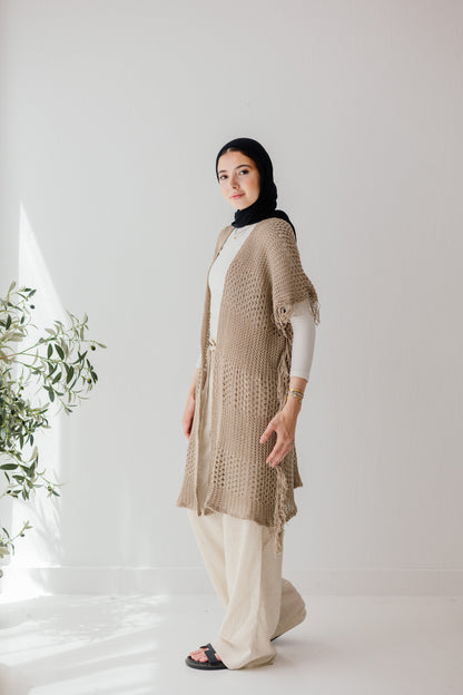 Crochet Fringed Cardigan in Tan