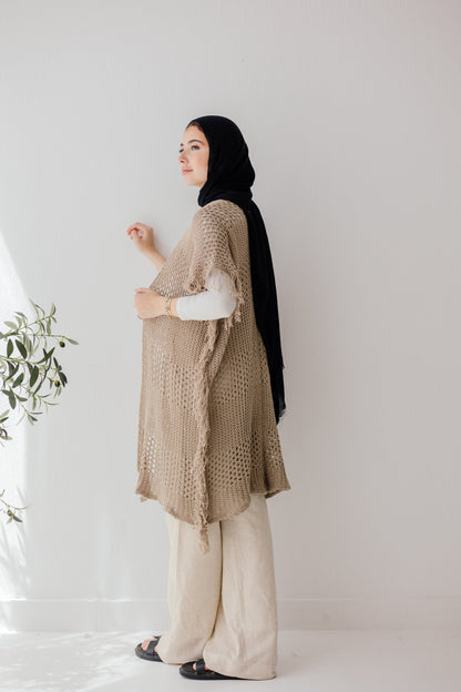 Crochet Fringed Cardigan in Tan