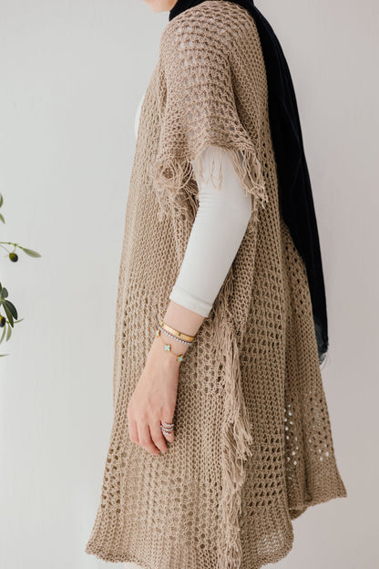 Crochet Fringed Cardigan in Tan