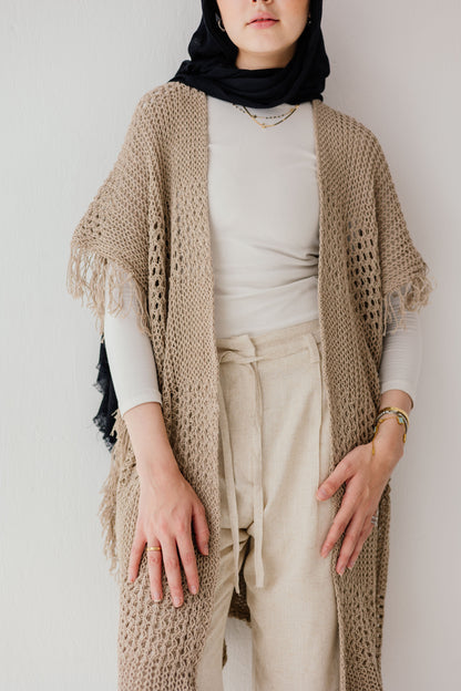 Crochet Fringed Cardigan in Tan
