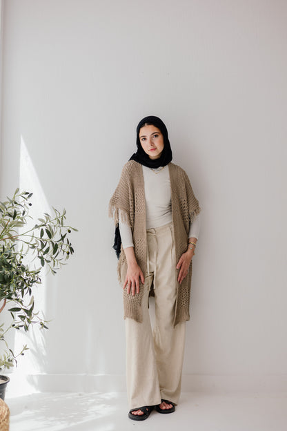 Crochet Fringed Cardigan in Tan