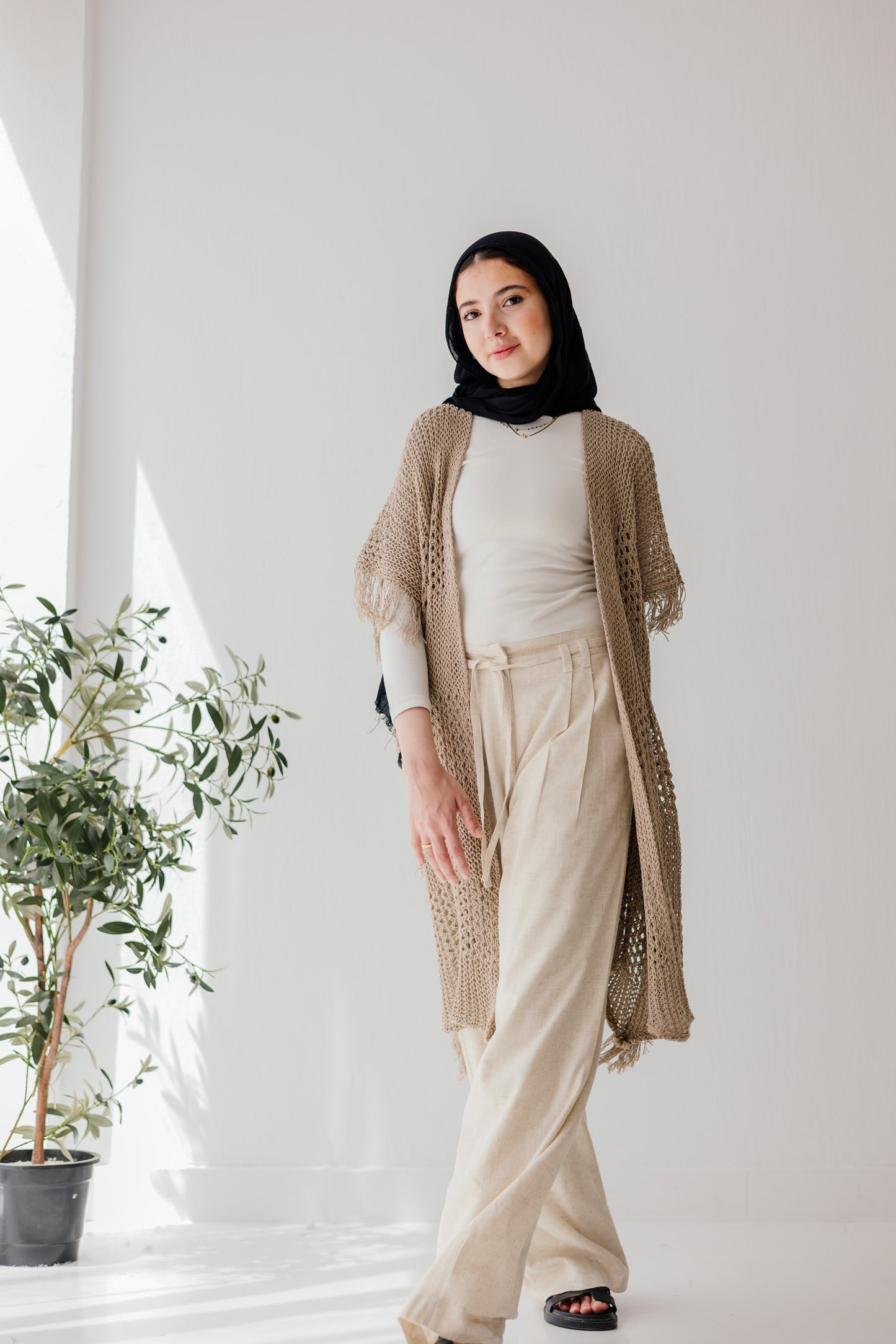 Crochet Fringed Cardigan in Tan