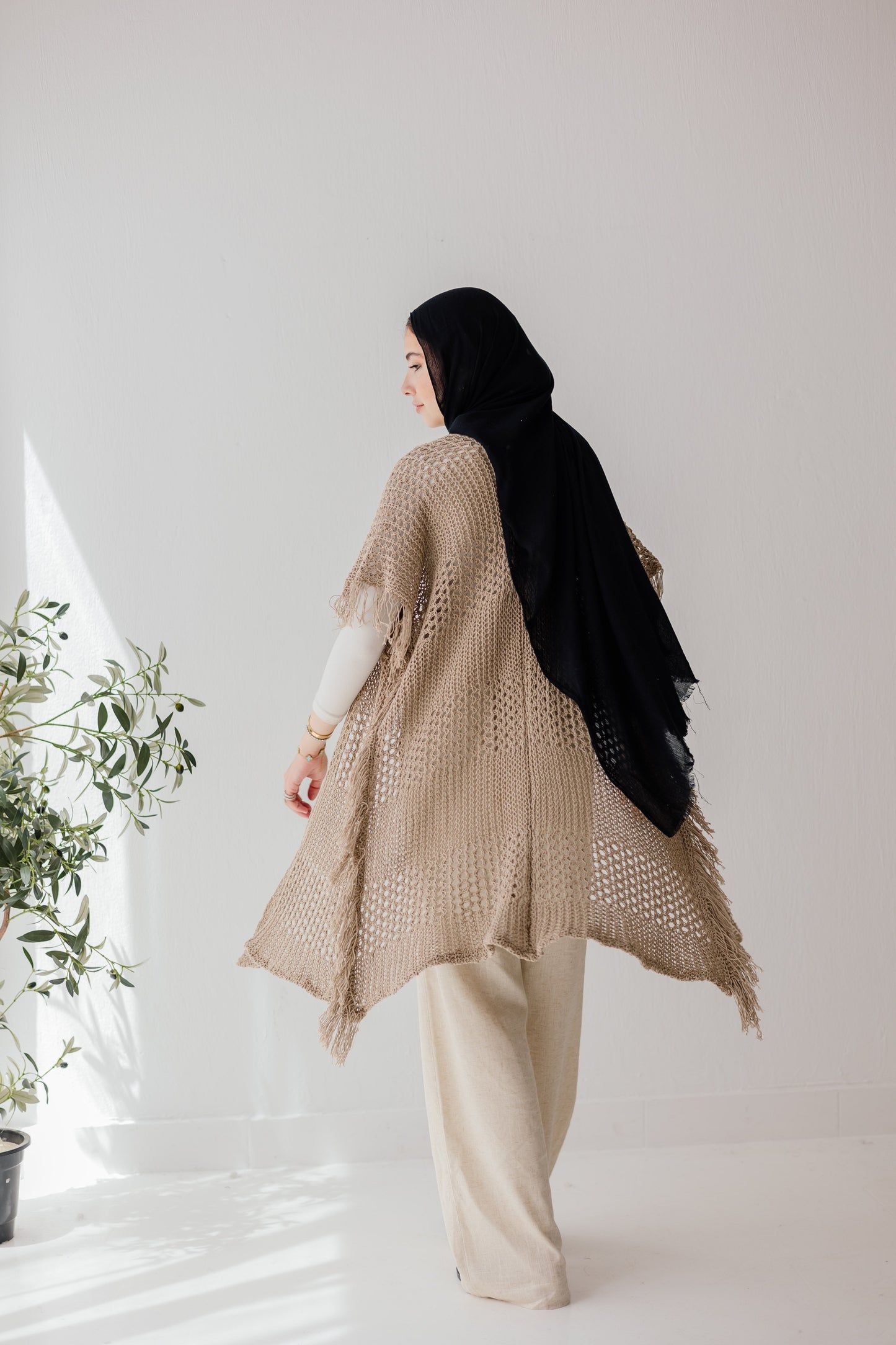 Crochet Fringed Cardigan in Tan