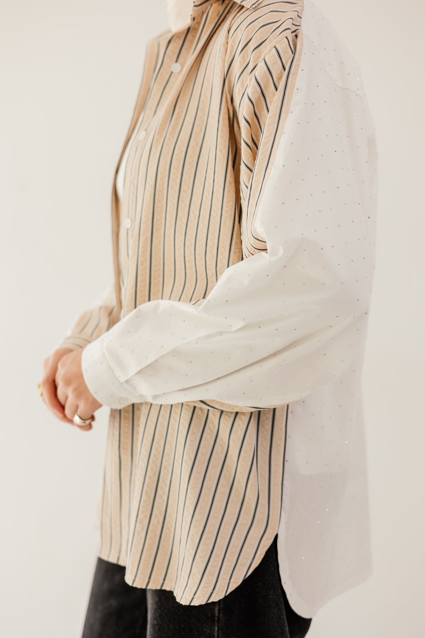 Stripe & Stud Shirt in Beige