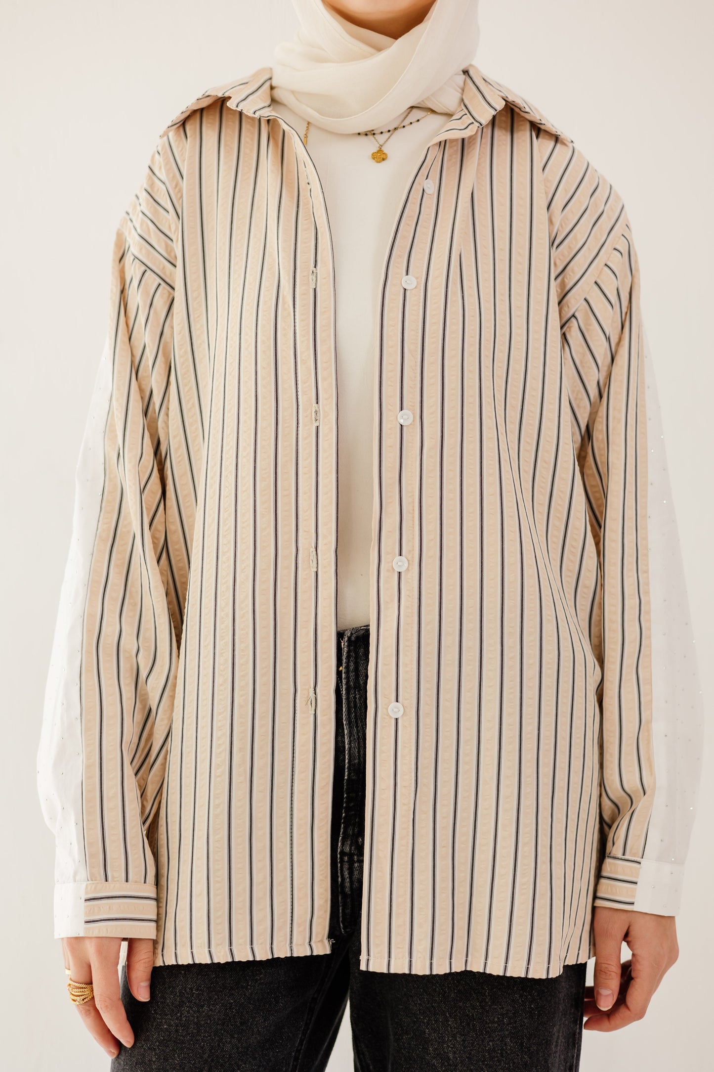 Stripe & Stud Shirt in Beige