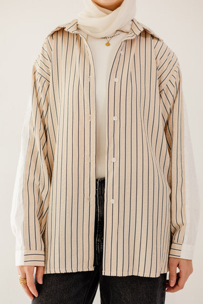 Stripe & Stud Shirt in Beige