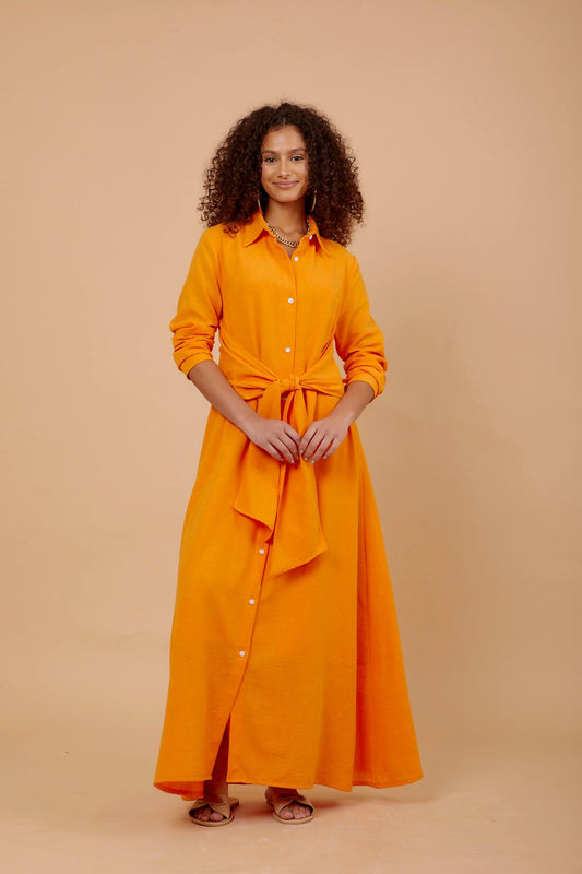 Orange Linen Tye Around Shirt Dress