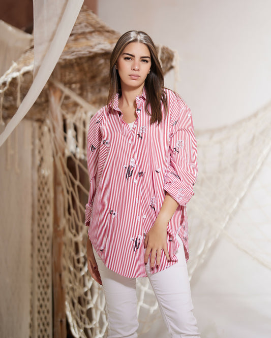 Linen Red striped Shirt With Embroidery