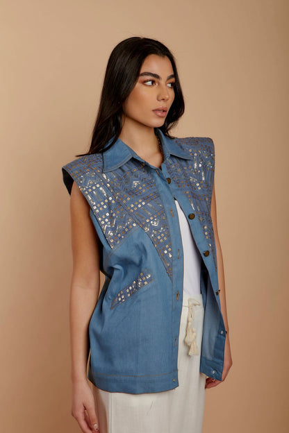 Blue Denim Embroidered Vest