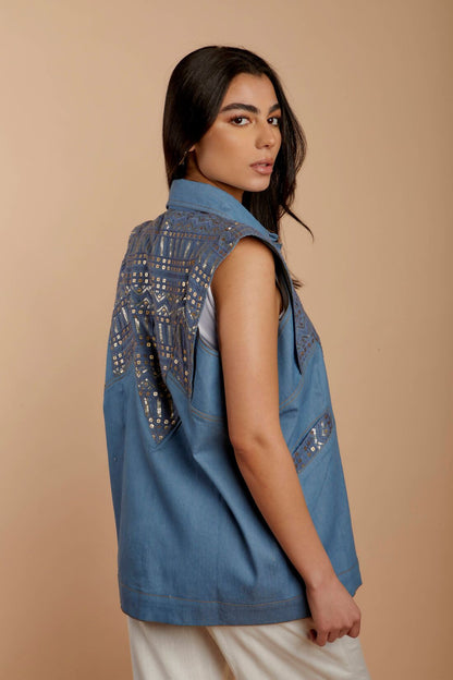 Blue Denim Embroidered Vest