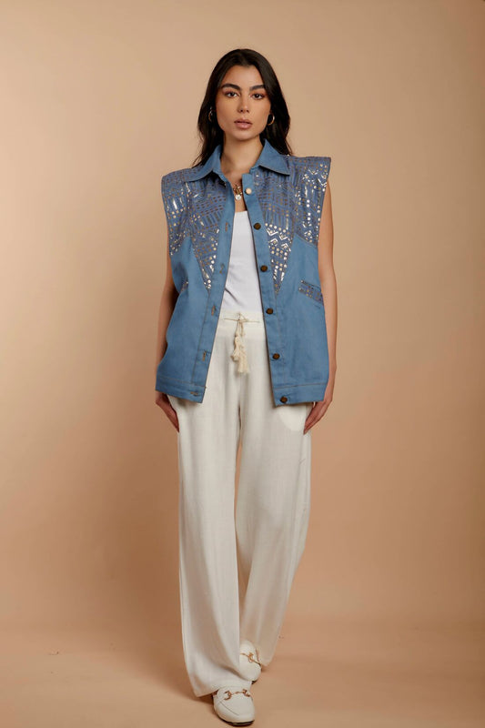 Blue Denim Embroidered Vest