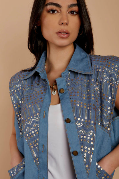 Blue Denim Embroidered Vest