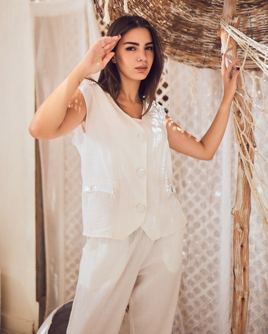 White Linen Vest Set