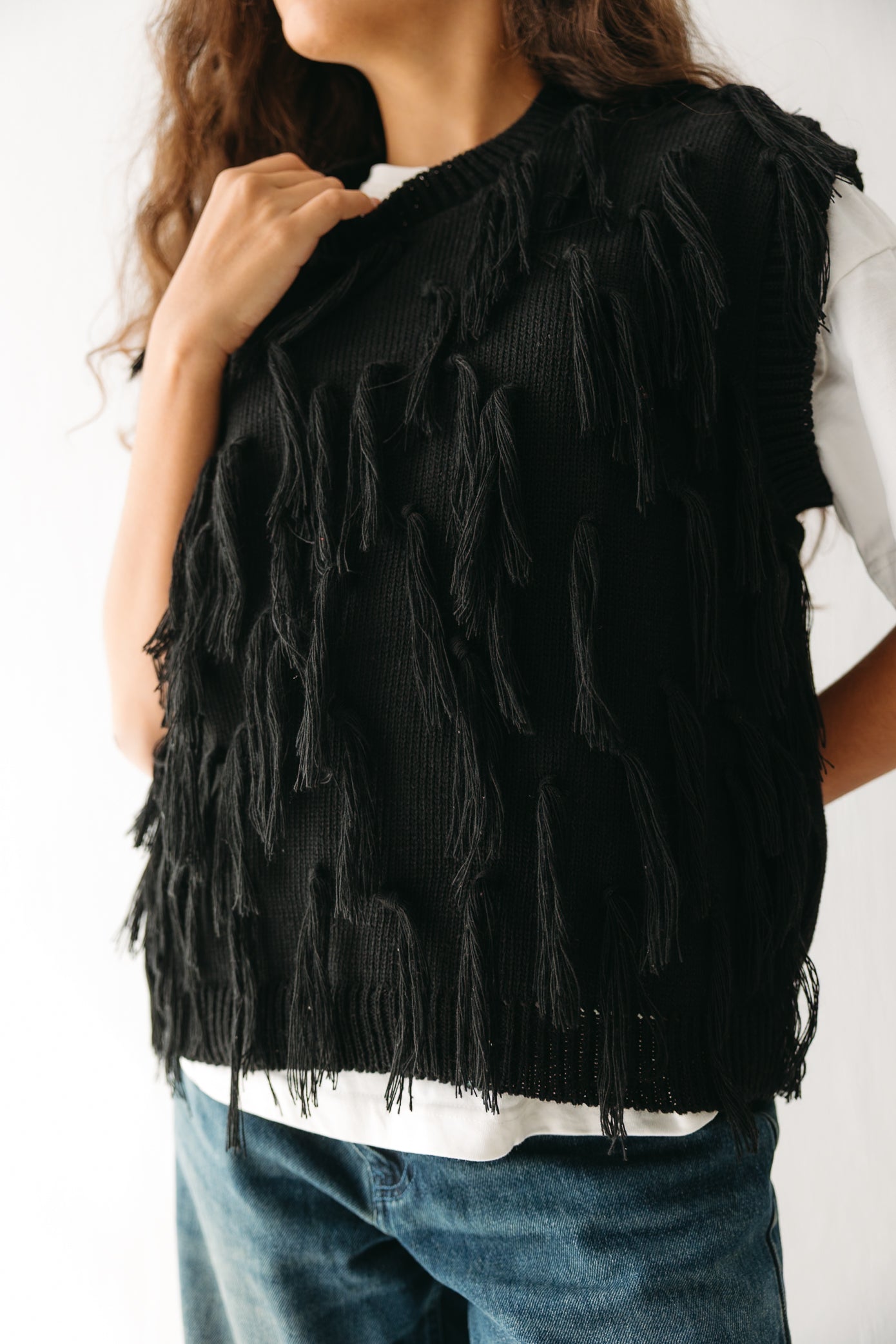 Fringed up Vest in Black