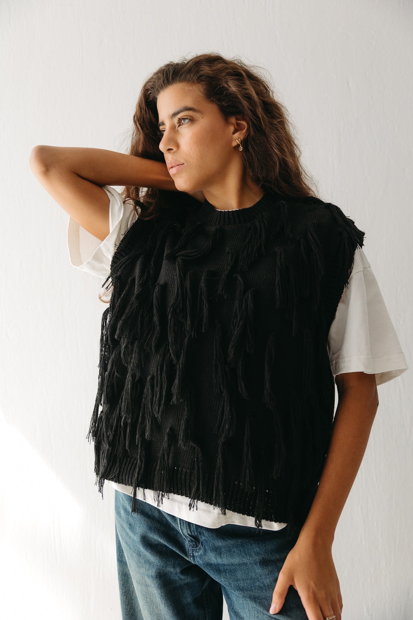 Fringed up Vest in Black