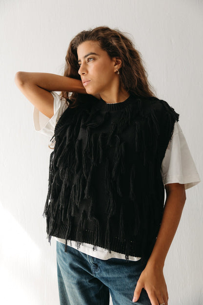 Fringed up Vest in Black
