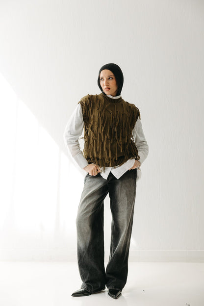 Fringed up Vest in Olive