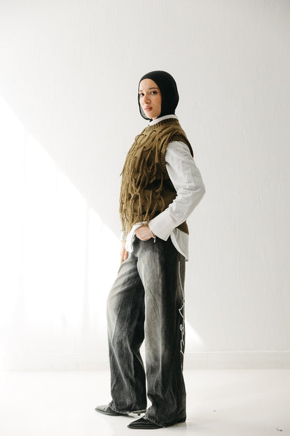 Fringed up Vest in Olive