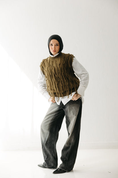 Fringed up Vest in Olive
