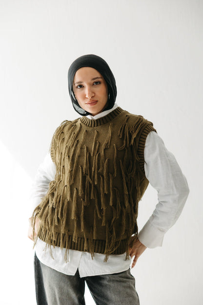 Fringed up Vest in Olive
