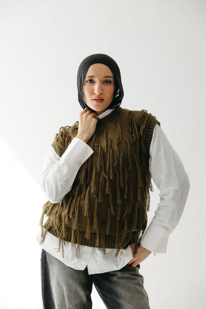 Fringed up Vest in Olive