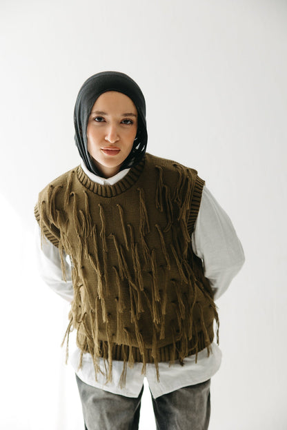 Fringed up Vest in Olive